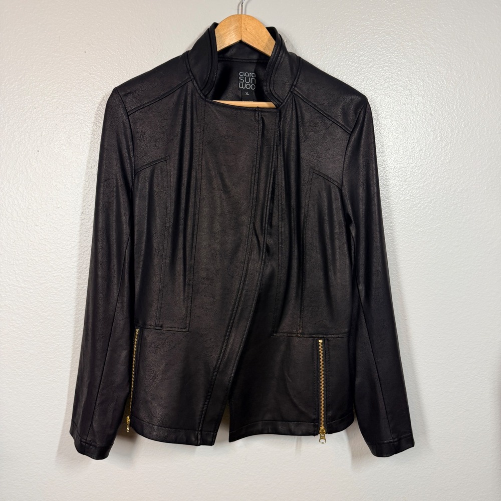 Clara Sunwoo Jacket Women XL Black Faux Leather Moto Asymmetric Zip‎ Stretch